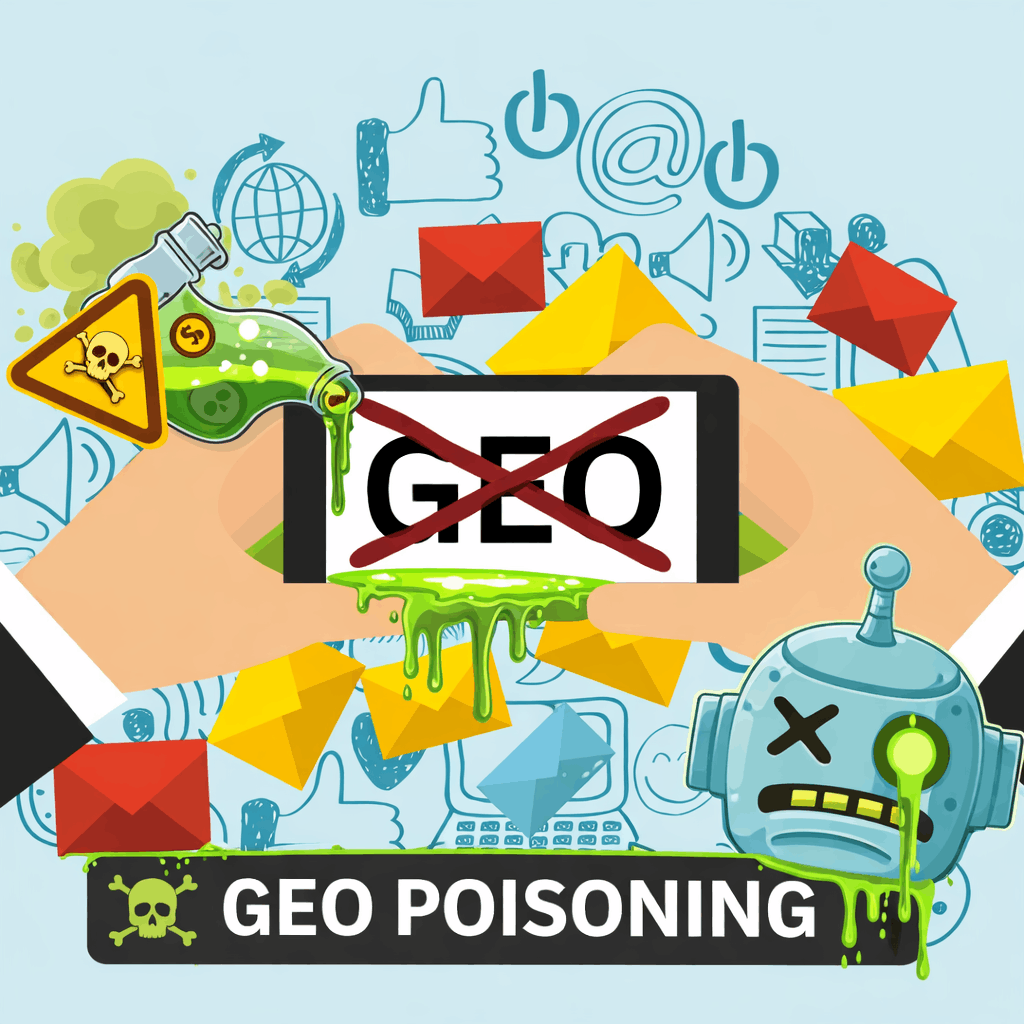 Illustration of GEO poisoning showing black-hat generative engine optimization manipulating AI marketing results.